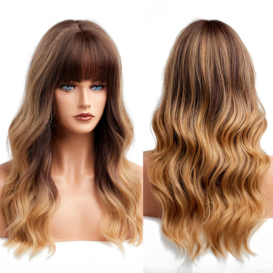 Wigs Long Wavy Wig with Bangs Ombre Brown For Women Curly Hair wholesale synthetic Synthetic wigs
