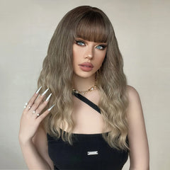 Synthetic Ombre Ash Light Brown Curly Wig with Bangs Middle Length Wavy Natural Hair Wigs Heat Resistant