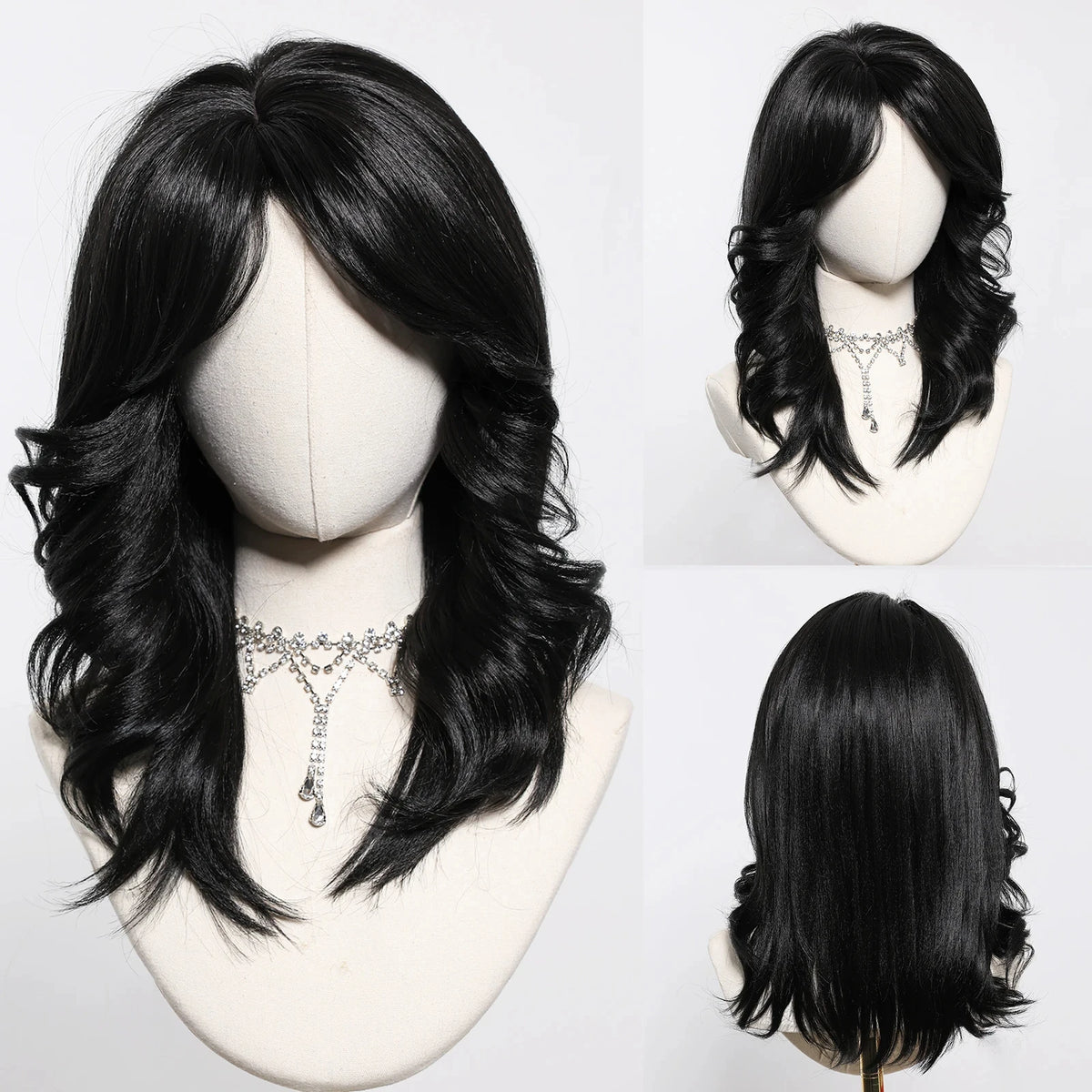 Fully Stocked Pure Black Ombre Medium Length Synthetic Wig With Bang Wig Curly Natural Wig Durable and Smooth Scene Photo