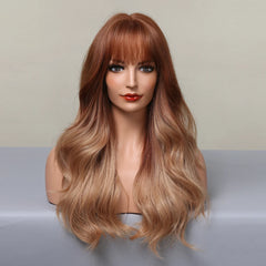 Red Brown Layered Gradient Long Synthetic Wig With Bangs Wave Wig Curly Natural Wig Durable Smooth Real Photos