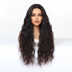 Synthetic Future Fiber Long Red-Brown for Ombre Mixed Stripes Wig Elastic Cap Natural Loose Wavy No Bangs Water Wave Style