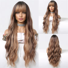 Dark Brown Kinky Curly Wave Mixed Blonde Synthetic Wigs with Bangs Deep Wave Long Hair Wig for Women