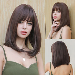 Wigs Synthetic Wig Natural Brown Short Bobo Straight Hair With Bangs Daily Use For Women Heat Resistant Daily Use