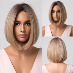 Blonde Ombre Mixed Short Bob Synthetic Wig with Layering and No Bangs Heat Resistant Fiber Women's Style Real Photo