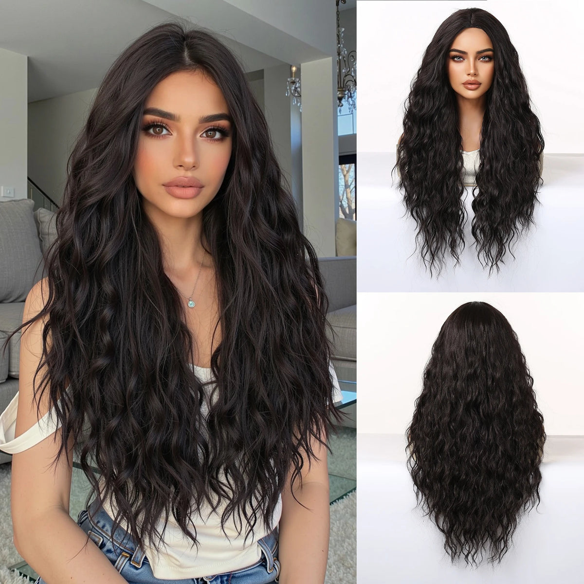 Synthetic Fiber Wig African Curly Super Wave Pure Black Elastic Cap Bangs Dark Long Heat-Resistant Loose Wave Style