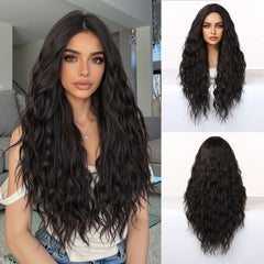 Synthetic Fiber Wig African Curly Super Wave Pure Black Elastic Cap Bangs Dark Long Heat-Resistant Loose Wave Style