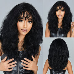 Price Black Wigs Afro Curly Medium Length Synthetic Wig with Bangs Natural Hair Kinky Curly Hairs