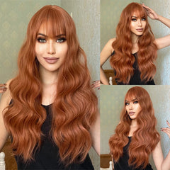 Copper Red Brown Synthetic Wigs Long Curly Wave Auburn Wigs with Bangs for Cosplay Daily Natural