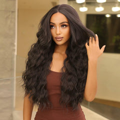 Japan Fiber 13x4 Long Curly Wavy Lace Front Synthetic Wigs Dark Black Brown Deep Wave Lace Wigs for Black Women Natural Futura