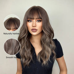 Wigs Wholesale Ash Brown Wave Synthetic Wigs With Bangs Long Brown Highlight Curly Wig Mixed Brown Heat Resistant False Hair