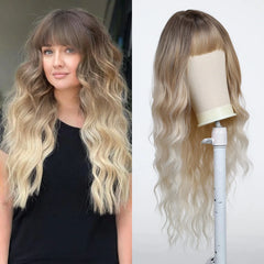 MOQ1 Ombre Blonde Curly Wigs with Bangs Long Wave Synthetic Full Wig Cute Party Cosplay Wig High Temperature False Hair