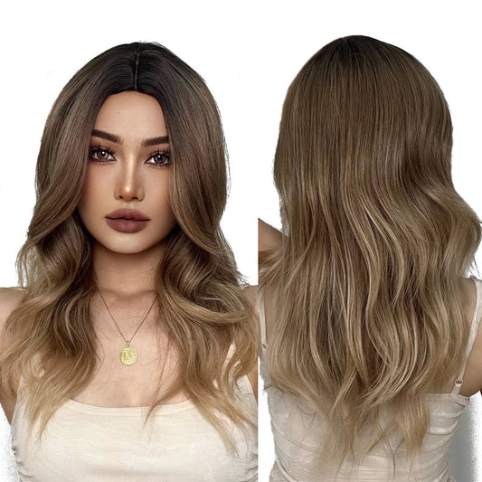 Wigs Synthetic Medium Length Natural Wave Hair Ombre Brown Middle Part Wigs for synthetic wigs wholesale prices
