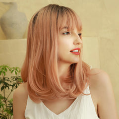 OEM/ODM Dark brown amber Pink Medium straight hair with bangs natural women's wig role play / daily synthetic hair