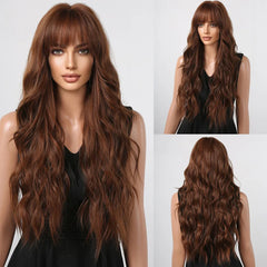 Wigs Wholesale Ash Brown Wave Synthetic Wigs With Bangs Long Brown Highlight Curly Wig Mixed Brown Heat Resistant False Hair