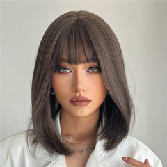 Outlet Synthetic Bob Short Hair with Bangs Straight Black Brown Natural Color Rose Net Wig Heat Resistant