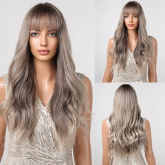 Dark Brown Kinky Curly Wave Mixed Blonde Synthetic Wigs with Bangs Deep Wave Long Hair Wig for Women