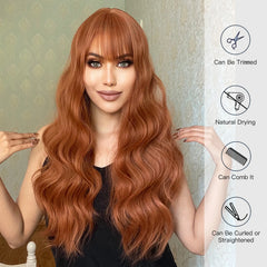 Copper Red Brown Synthetic Wigs Long Curly Wave Auburn Wigs with Bangs for Cosplay Daily Natural