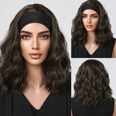Headband Wig Pure Black Long Wavy Curly Synthetic Wig Heat-resistant Clip Soft Elastic Cap Real Photo