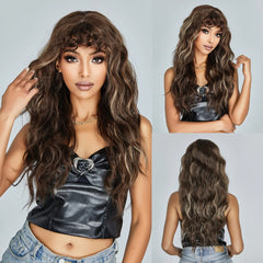 Dark Brown Kinky Curly Wave Mixed Blonde Synthetic Wigs with Bangs Deep Wave Long Hair Wig for Women