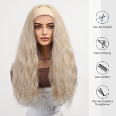 Long Golden Silver Gray Curly Hairband Wig Elastic Cap Heat-Resistant Breathable Water Wave Synthetic Wig with Real Photos