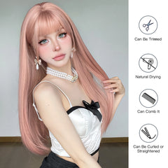 High-Grade Fiber Synthetic Wig Long and Loose Straight Pink Hair Elastic Breathable Cap with Rose Mesh Real Photo