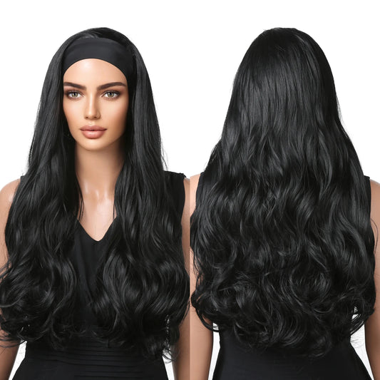 Headband Wig Pure Black Long Wavy Curly Synthetic Wig Heat-resistant Clip Soft Elastic Cap Real Photo