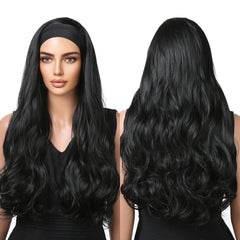 Headband Wig Pure Black Long Wavy Curly Synthetic Wig Heat-resistant Clip Soft Elastic Cap Real Photo