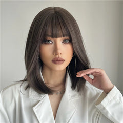 Outlet Synthetic Bob Short Hair with Bangs Straight Black Brown Natural Color Rose Net Wig Heat Resistant