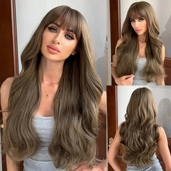 Copper Red Brown Synthetic Wigs Long Curly Wave Auburn Wigs with Bangs for Cosplay Daily Natural