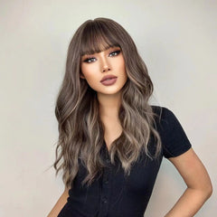 Wigs Wholesale Ash Brown Wave Synthetic Wigs With Bangs Long Brown Highlight Curly Wig Mixed Brown Heat Resistant False Hair