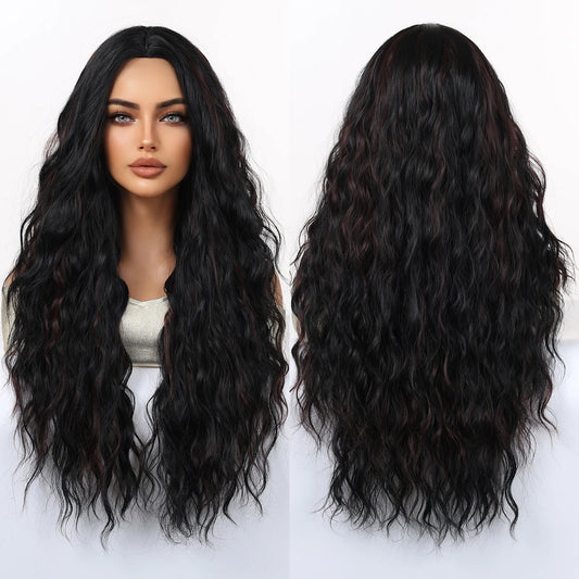 Synthetic Future Fiber Long Black Mixed Brown Stripes Heat-Resistant Elastic Cap Natural Loose Wave No Bangs Hairline Wig