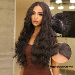 Japan Fiber 13x4 Long Curly Wavy Lace Front Synthetic Wigs Dark Black Brown Deep Wave Lace Wigs for Black Women Natural Futura
