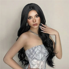 MOQ1 Long Black Body Wave Synthetic Hair Wig Middle Parting Black Natural Curly Wig for Women Heat Resistant
