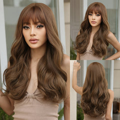 Dark Brown Kinky Curly Wave Mixed Blonde Synthetic Wigs with Bangs Deep Wave Long Hair Wig for Women
