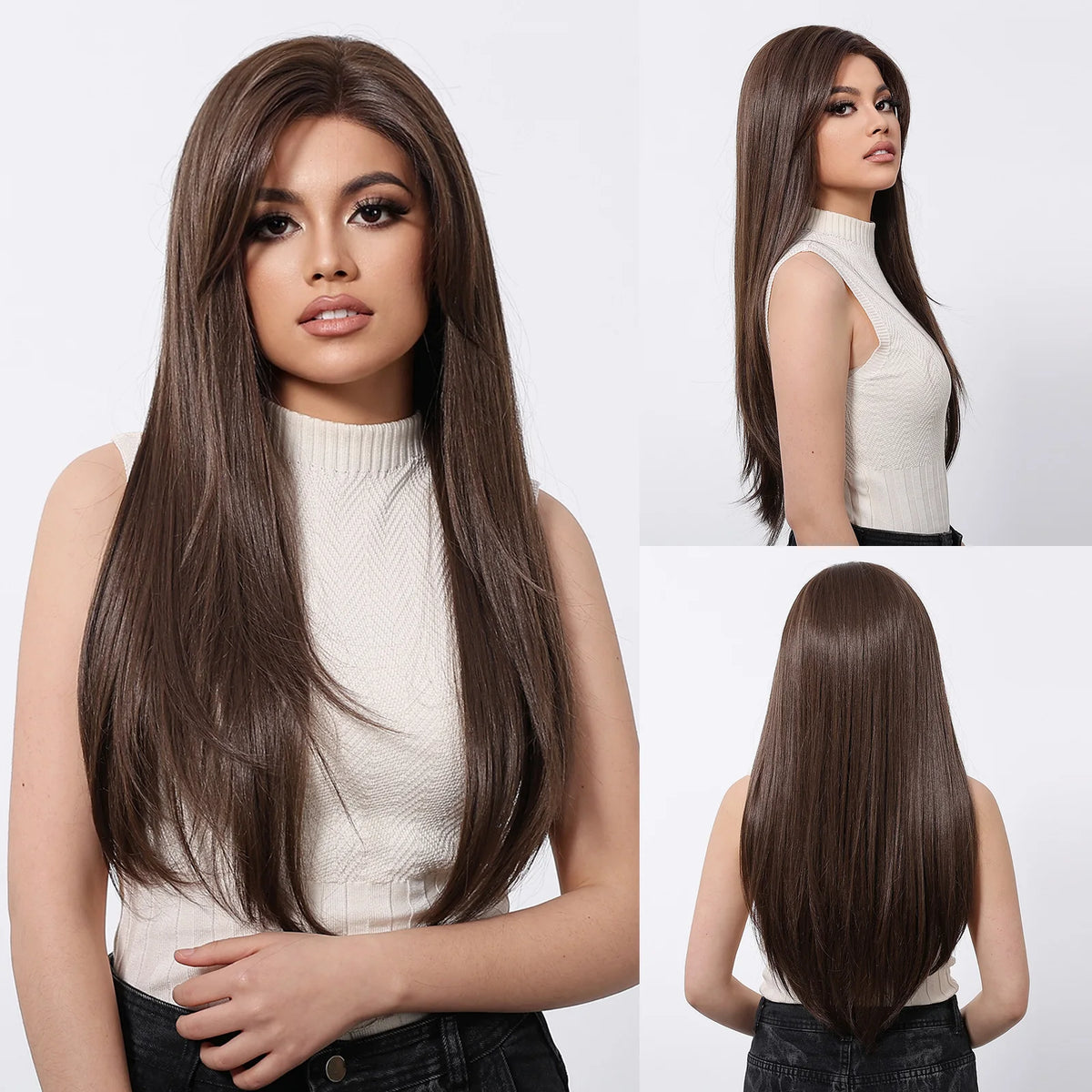13x6 HD U Lace Wig Synthetic Future Fiber Straight Natural Hair Vertical Light Brown Gold Stripes Real Photo Video Medical