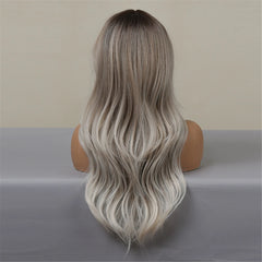 Ombre Ash Brown Blonde Synthetic Wigs with Bangs Long Natural Wave Wigs for Women Cosplay Daily Party Heat Resistant