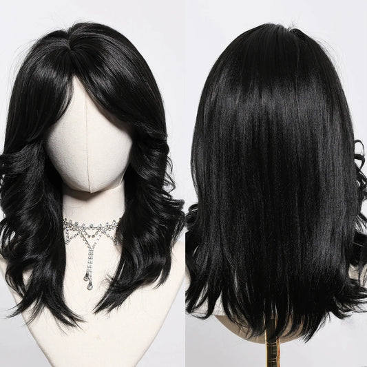 Fully Stocked Pure Black Ombre Medium Length Synthetic Wig With Bang Wig Curly Natural Wig Durable and Smooth Scene Photo
