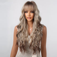 Wigs Wholesale Long Curly Blonde Ombre Synthetic Wigs with Bangs Brown Highlights Water Wavy Hair Wig for Black Women