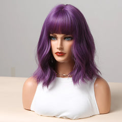 Dark Purple Synthetic Wigs Short BoBo Deep Curly Wig with Bangs for Women colored wig