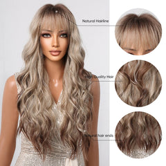 Wigs Wholesale Long Curly Blonde Ombre Synthetic Wigs with Bangs Brown Highlights Water Wavy Hair Wig for Black Women