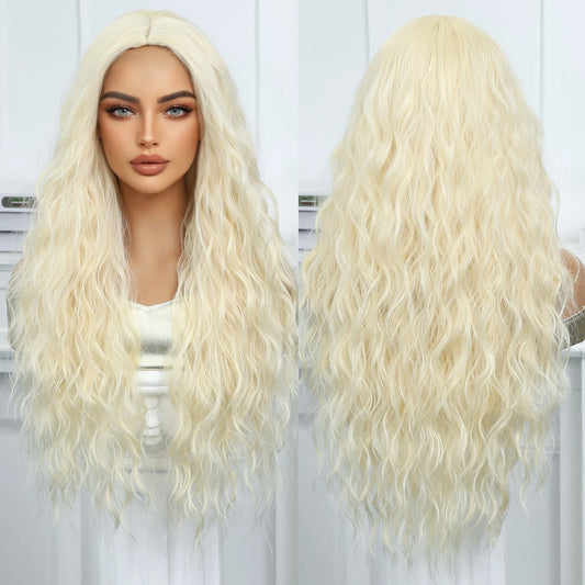 Synthetic Fiber Long Curly Wig with Elastic Cap Natural Blonde Loose Waves No Bangs Sea Wave Style Heat-resistant Wig