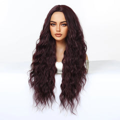 Synthetic Fiber Wig Long Dark Red Rose Red African Curly Super Wave Heat-Resistant Elastic Cap Natural Loose Wave