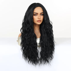 Synthetic Fiber Wig African Curly Super Wave Pure Black Elastic Cap Bangs Dark Long Heat-Resistant Loose Wave Style