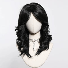 Fully Stocked Pure Black Ombre Medium Length Synthetic Wig With Bang Wig Curly Natural Wig Durable and Smooth Scene Photo