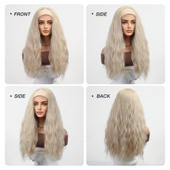 Long Golden Silver Gray Curly Hairband Wig Elastic Cap Heat-Resistant Breathable Water Wave Synthetic Wig with Real Photos