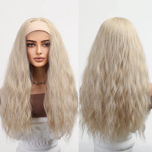Long Golden Silver Gray Curly Hairband Wig Elastic Cap Heat-Resistant Breathable Water Wave Synthetic Wig with Real Photos