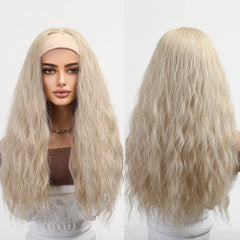 Long Golden Silver Gray Curly Hairband Wig Elastic Cap Heat-Resistant Breathable Water Wave Synthetic Wig with Real Photos