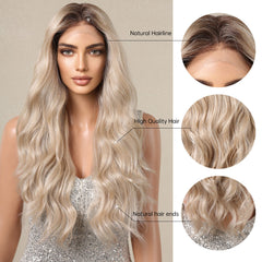Japan Fiber 13*4 Lace Frontal Blonde Synthetic Wig Long Ombre Blonde Wave Lace Wig for Women Natural Hairline Wig
