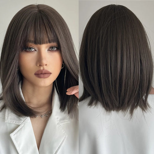 Outlet Synthetic Bob Short Hair with Bangs Straight Black Brown Natural Color Rose Net Wig Heat Resistant