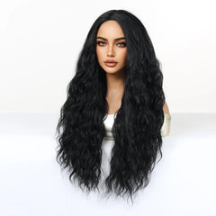 Synthetic Fiber Wig African Curly Super Wave Pure Black Elastic Cap Bangs Dark Long Heat-Resistant Loose Wave Style